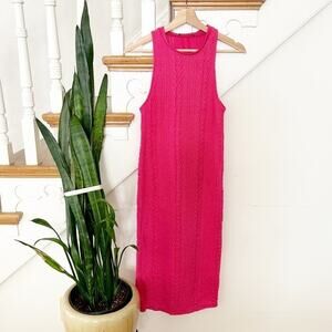 Zara Bright Pink Sleeveless Round Neck Cable Knit Stretch Midi Dress Size M